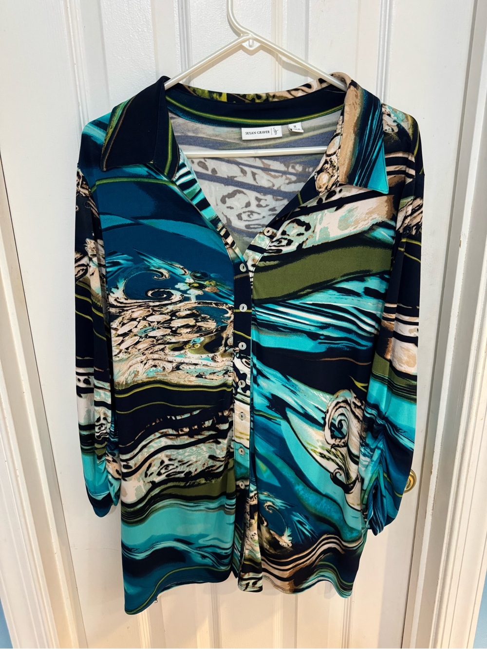 Susan Graver Teal & Black Swirl-Print Button Front Shirt